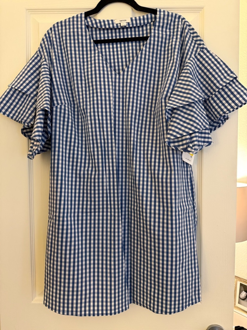 Kensie Blue and White Gingham Ruffle Sleeve Kids Dress